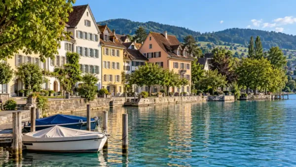 Day Trips from Zurich by Train: Which to Pick and How Long 10 Pastel waterfront houses, leafy promenade and small boats on Lake Zug in Switzerland