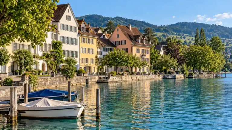 Day Trips from Zurich by Train: Which to Pick and How Long 6 Pastel waterfront houses, leafy promenade and small boats on Lake Zug in Switzerland