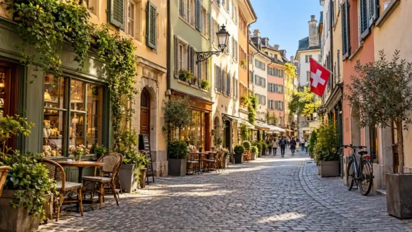 Zurich Itinerary for 2 Days: Old Town, Lake and One Escape 10 Cobbled Zurich old-town lane with pastel facades, shuttered windows and outdoor cafe tables