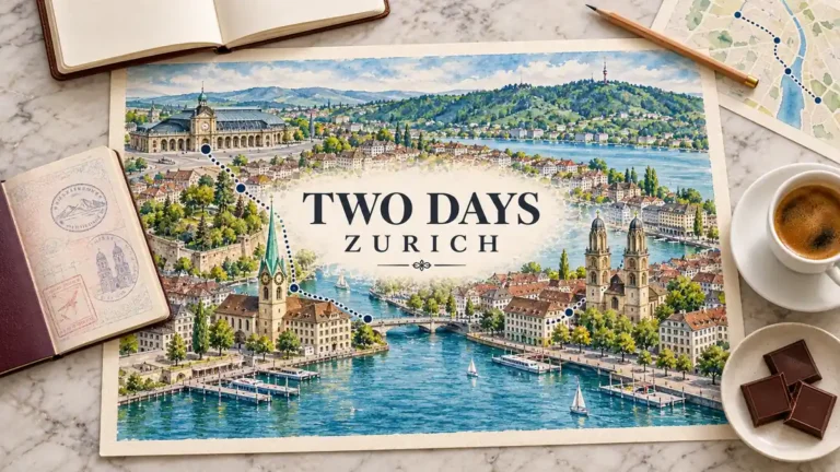 Zurich itinerary map showing old-town landmarks, the Limmat and lake, with a passport, notebook and route-planning accessories.