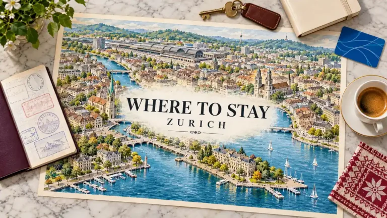 Zurich neighborhood map with the Limmat, lakefront and old town, framed by a passport, room key and travel planning objects.
