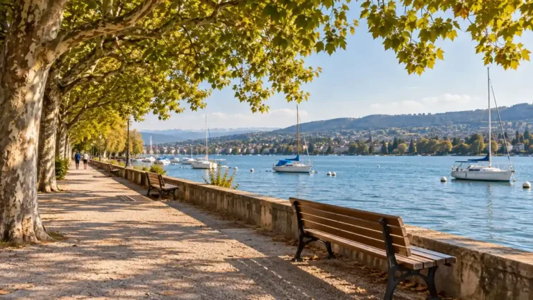 Where to Stay in Zurich: Best Areas for Every Kind of Trip 3 Tree-shaded lakeside path and benches beside blue Lake Zurich in Seefeld